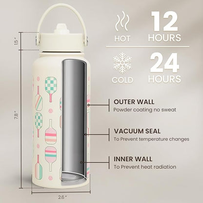 SANDJEST Pickleball Water Bottle 32oz Stainless Steel Insulated Vaccum with Lid, Pickleball Gifts for Pickleball Players, Pickleball Lovers, Women Girls Ladies
