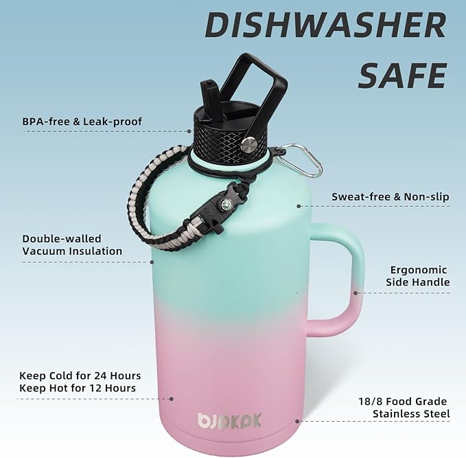BJPKPK 1 Gallon Water Bottle Insulated with Straw Lid, 50oz, 64oz, 87oz, 128oz Large, Stainless Steel Water Bottles with 3 Lids and Paracord Strap, Double Wall Vacuum Metal Water Jug,Marshmallow