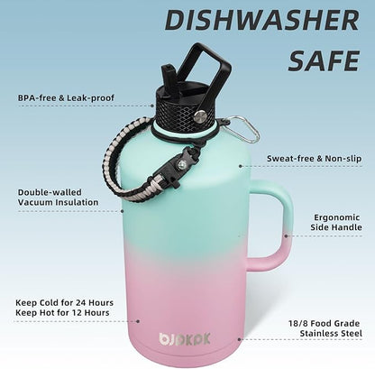 BJPKPK 1 Gallon Water Bottle Insulated with Straw Lid, 50oz, 64oz, 87oz, 128oz Large, Stainless Steel Water Bottles with 3 Lids and Paracord Strap, Double Wall Vacuum Metal Water Jug,Marshmallow