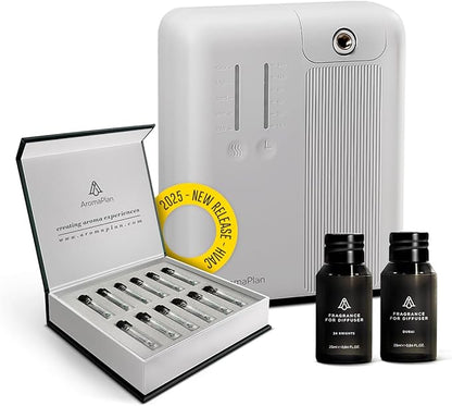 AromaPlan 2025 Waterless, Cold Air HVAC Scent Diffuser Whole House & Commercial Diffuser (Includes 2 Fragrances + 12 Set Sample kit) - Smart Scent Diffuser- Touch & App, 2000 Sq. Ft Cov. (White)