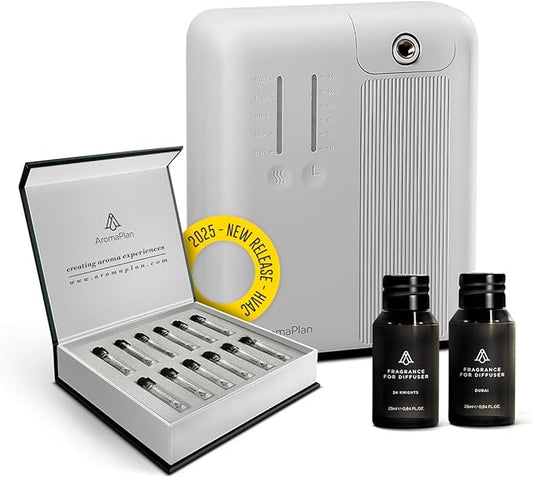 AromaPlan 2025 Waterless, Cold Air HVAC Scent Diffuser Whole House & Commercial Diffuser (Includes 2 Fragrances + 12 Set Sample kit) - Smart Scent Diffuser- Touch & App, 2000 Sq. Ft Cov. (White)