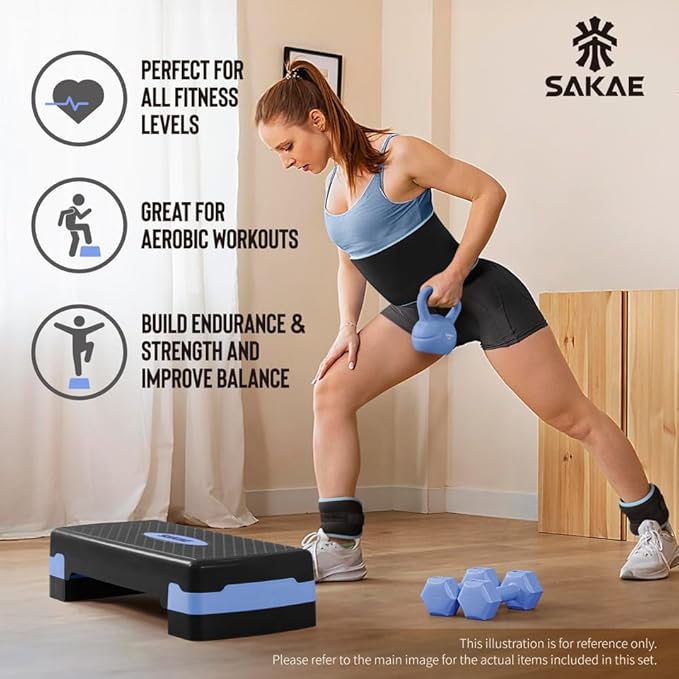 SAKAE Aerobic Step Platform Set with Waist Trimmer & Measuring Tape, Exercise Steppers for Home Exercise Fitness, Adjustable Height 2 Level Risers Workout Step Platform Trainer, Multiple Colors