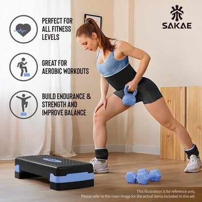 SAKAE Aerobic Step Platform Set with Waist Trimmer & Measuring Tape, Exercise Steppers for Home Exercise Fitness, Adjustable Height 2 Level Risers Workout Step Platform Trainer, Multiple Colors