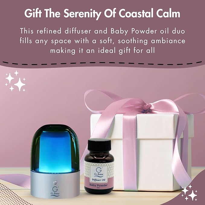 G's Breeze Smart Aroma Diffuser with 60ml Baby Powder Scent Refill – Bluetooth & Wi-Fi App Control - LED Lighting & Adjustable Intensity - Long-Lasting Soft Powdery Fragrance for Home or Office