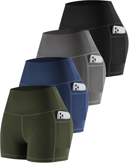 CHRLEISURE Womens Biker Yoga Shorts with Pockets: High Waisted Tummy Control Spandex Workout Athletic Gym Shorts 4 Packs