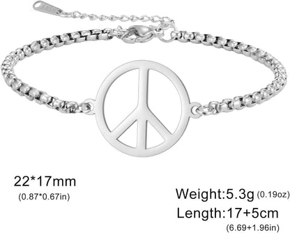 LIKGREAT Adjustable World Peace Symbol Bracelet for Women Stainless Steel Pendant Box Chain 1970s Jewelry