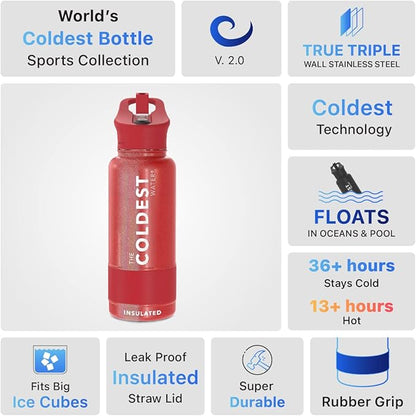 Coldest Insulated Water Bottle with Straw Lid - Stainless Steel Metal Insulated Bottle for Men & Women (Mars Red Glitter, 32 oz)