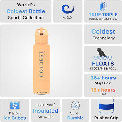 Coldest Insulated Water Bottle with Straw Lid - Stainless Steel Metal Insulated Bottle for Men & Women (Sahara Peach, 40 oz)