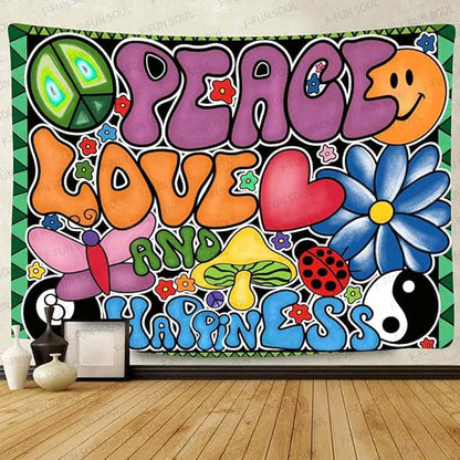 F-FUN SOUL Peace Love and Happiness Tapestry, 100x90inches Soft Flannel, Mushroom Psychedelic Tapestries 70s Theme Tapestry Wall Hanging for Bedroom Living Room Decor GTZYFS1339