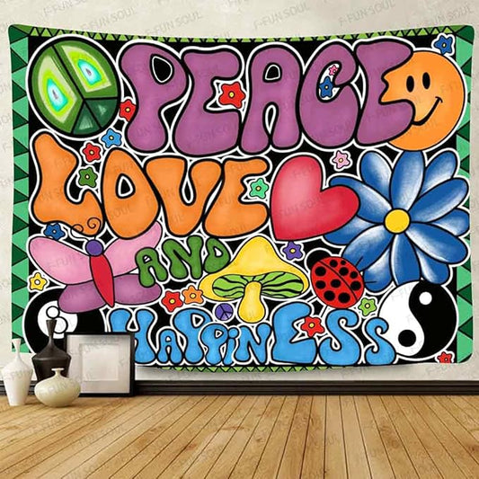 F-FUN SOUL Peace Love and Happiness Tapestry, 100x90inches Soft Flannel, Mushroom Psychedelic Tapestries 70s Theme Tapestry Wall Hanging for Bedroom Living Room Decor GTZYFS1339