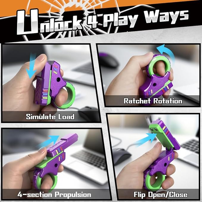 Fidget Gun Slider Toy for Kid Adult, Plastic Fidget Slider Ring Push Clicker Gun for Stress Relief Relax EDC, Textured Finger Spinner Flip Sensory Toy, Cool Birthday for Boy Girl Man