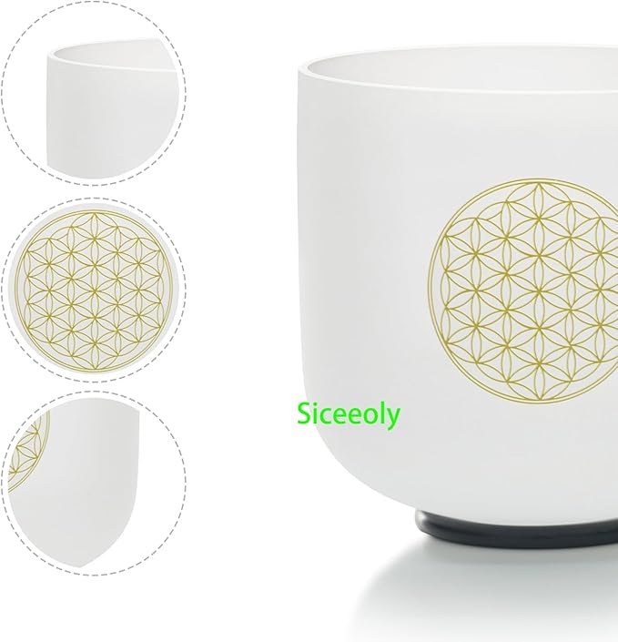 8" C Note 432HZ Flower of Life Crystal Singing Bowl Frosted Quartz Root Base Chakra Meditation Sound Healing with Durable Carrying Case Suede Striker O-ring