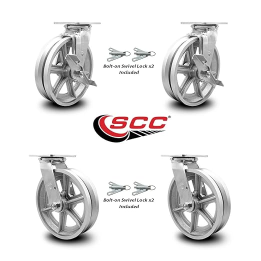 V Groove Semi Steel Swivel Top Plate Casters Set 4 Heavy Duty with 8 Inch Wheels - Includes 2 Swivel with Brakes and Bolt on Swivel Locks and 2 Swivel with Bolt on Swivel Locks - Service Caster Brand