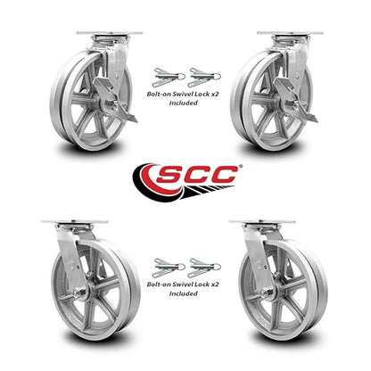 V Groove Semi Steel Swivel Top Plate Casters Set 4 Heavy Duty with 8 Inch Wheels - Includes 2 Swivel with Brakes and Bolt on Swivel Locks and 2 Swivel with Bolt on Swivel Locks - Service Caster Brand