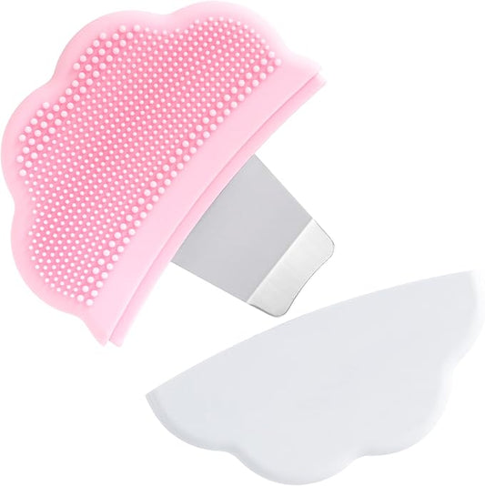 Manual Face Spatula, Metal Facial Scraper with Silicone Lid for Men & Women, 2-in-1 Reusable Face Scrubber with Silicone Bristles for Dry Oily Skin- Pink