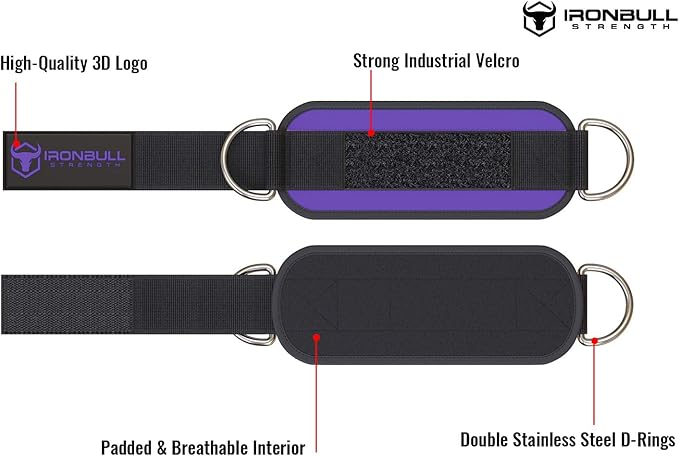Iron Bull Strength Ankle Straps for Cable Machines (Pair) - Double D-Ring Attachment, Fully Adjustable, Breathable Comfort Neoprene - for Legs, Glutes, Abs and HIPS Workouts - Fits Women & Men