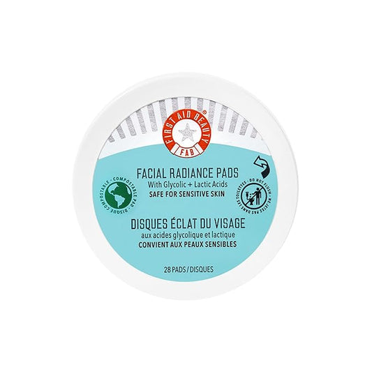 First Aid Beauty - Facial Radiance Pads with Gycloic & Lactic Acids – Daily Exfoliating Pads with AHA that Help Tone & Brighten Skin – Makeup Routine Prep - Compostable for Daily Use – 28 Count