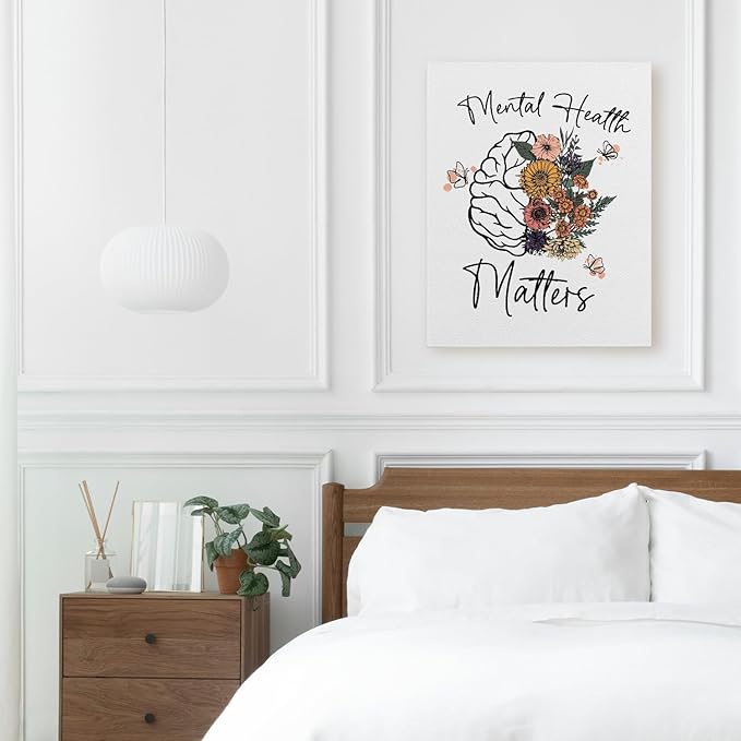 APJYM Mental Health Wall Decor, Mental Health Matters Flower Brain Canvas Wall Art, Therapist Office School Counselor Office Decor, 11x14 Inches