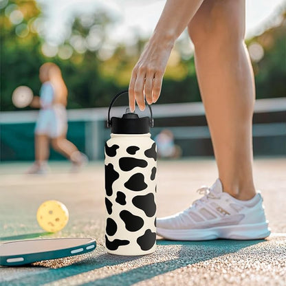 Cow Print Water Bottle 32oz Stainless Steel Vacuum Insulated with Lid, Cow Water Bottles for Gym Sports Travel Outdoor, Cow Gifts for Women Girls Birthday Christmas