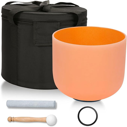 432HZ 8 Inchs D Note Orange Frosted Crystal Singing Bowl for Meditation Healing Yoga Chakra Quartz Crystal Sound Bowls with Heavy Duty Carry Case and Rubber Mallet,Suede Striker,O-rings