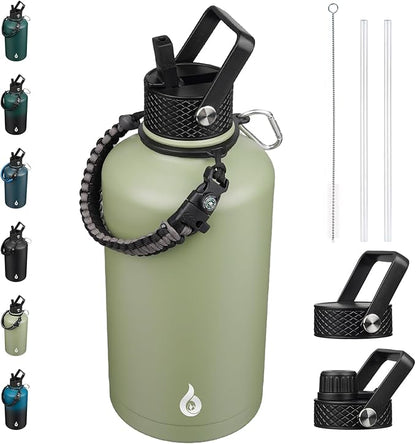BJPKPK 2/3 Gallon Water Bottle with Straw Lid, 50oz, 64oz, 87oz, 128oz Large, Stainless Steel Water Bottles with 3 Lids and Paracord Handle, Double Wall Vacuum Metal Water Jug, Camp Green