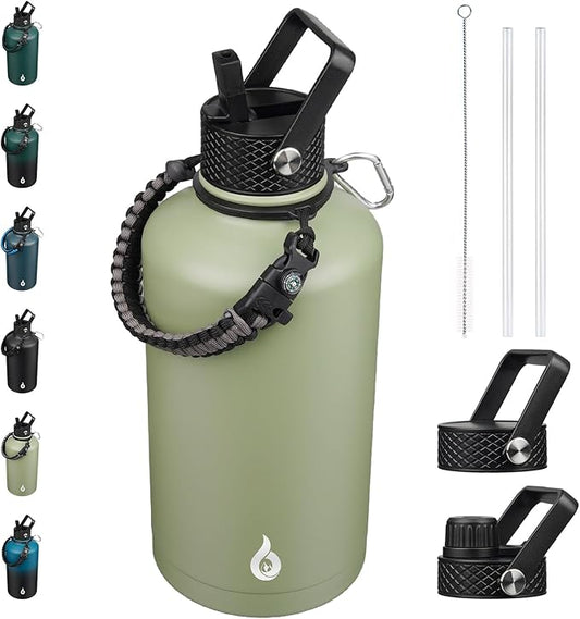 BJPKPK 2/3 Gallon Water Bottle with Straw Lid, 50oz, 64oz, 87oz, 128oz Large, Stainless Steel Water Bottles with 3 Lids and Paracord Handle, Double Wall Vacuum Metal Water Jug, Camp Green