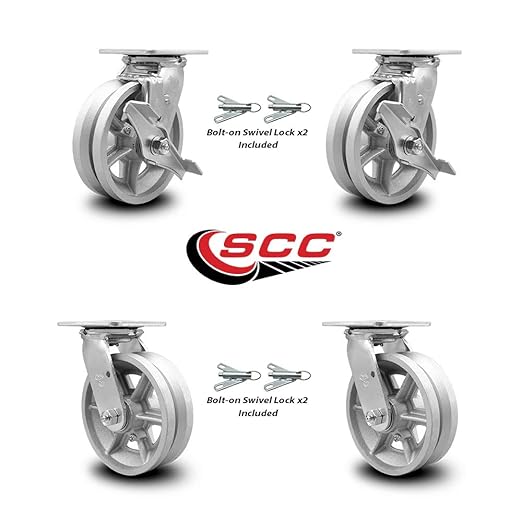 V Groove Semi Steel Swivel Top Plate Casters Set 4 Heavy Duty with 6 Inch Wheels - Includes 2 Swivel with Brakes and Bolt on Swivel Locks and 2 Swivel with Bolt on Swivel Locks - Service Caster Brand