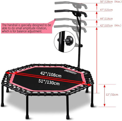ONETWOFIT 51" Silent Trampoline with Adjustable Handle Bar, Fitness Trampoline Bungee Rebounder Jumping Cardio Trainer Workout for Adults…
