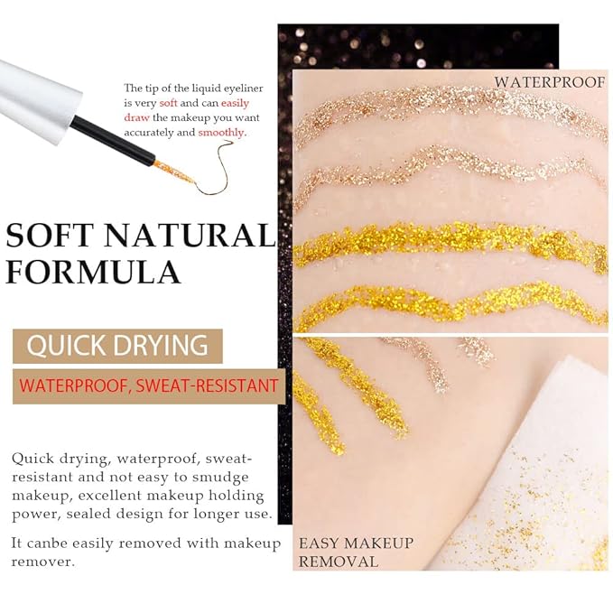 evpct 2Pcs Gold Champagne Gold Color Liquid Glitter Eyeliner Sets Eyeliner Glitter Liquid Liners for Women Liquid Sparkly Glitter Eyeliner delineador con glitter de colores para ojos colores 01+14