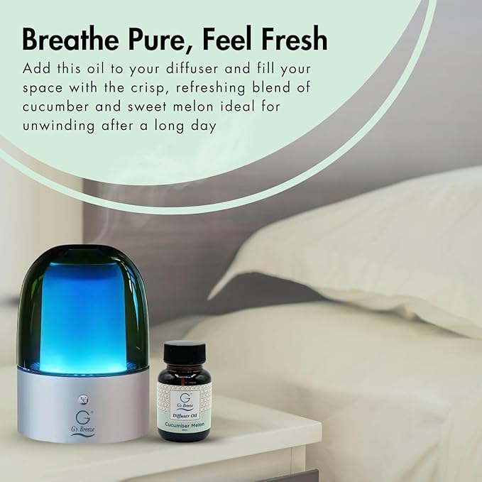G's Breeze Smart Aroma Diffuser with 60ml Cucumber Melon Scent Refill – Bluetooth & Wi-Fi App Control - LED Lighting & Adjustable Intensity - Long-Lasting Fruity Floral Fragrance for Home or Office