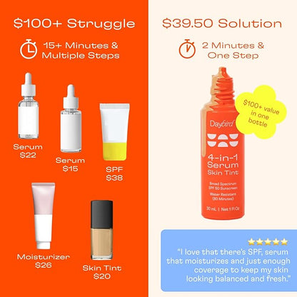 Daybird 4 in 1 Tinted Serum, Tinted Moisturizer and Sunscreen for Face, SPF 50+ Niacinamide, 1 Ounce (Medium-Deep)