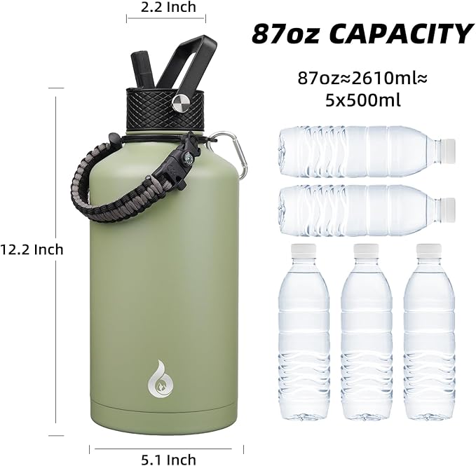 BJPKPK 2/3 Gallon Water Bottle with Straw Lid, 50oz, 64oz, 87oz, 128oz Large, Stainless Steel Water Bottles with 3 Lids and Paracord Handle, Double Wall Vacuum Metal Water Jug, Camp Green