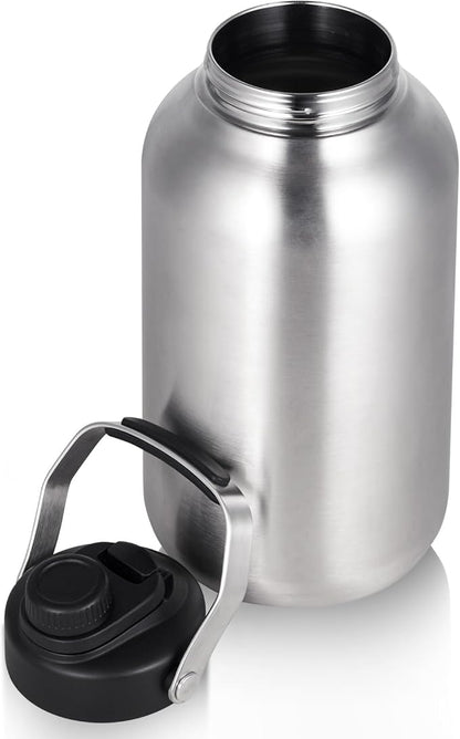 One Gallon Water Bottle, 128oz Stainless Steel Insulated Water Bottle For Hot & Cold Drinks, BPA-Free, Wide Mouth, Leak-Proof Big Water Jug With Handle For Sports, Travel, Hinking & Camping, Silver
