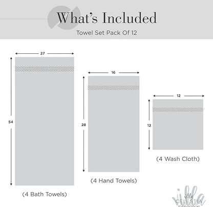 100% Cotton Bath Towel Set of 12-4 Bath Towels, 4 Hand Towels, 4 Wash Cloths, Sustainable, Soft, Highly Absorbent, Combed Cotton 12 Piece Set for Hotels, Spa, Bathroom, Dorm, White