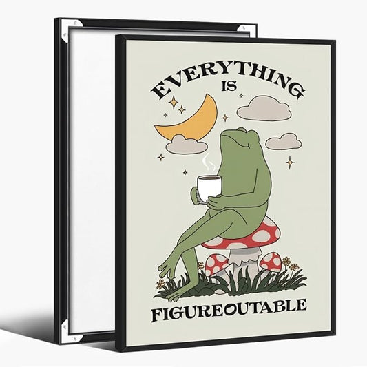 Everything is Figureoutable Motivational Canvas Wall Art Print Frog with Coffee Quote Inspirational Art Poster Mental Health Home Office Affirmation Wall Decor Minimalist Picture 12x18inch black framed