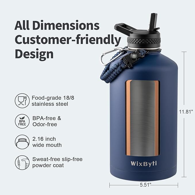 One Gallon Water Bottle Insulated, Triple Wall Vacuum Cold for 48 Hrs & Leak-proof & Non-BPA, 128oz Large Sports Stainless Steel Water Jug with Paracord Handle Straw Spout Lids & DIY Stickers