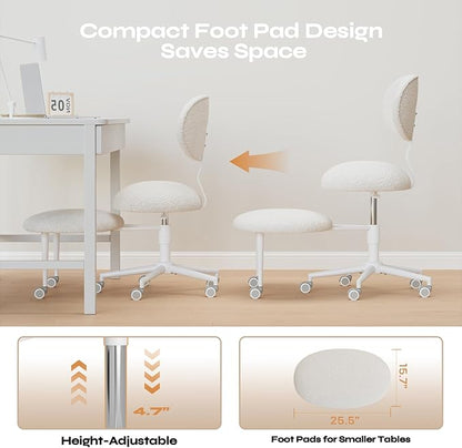 Ergonomic Cross Legged Office Chair with Wheels, ADHD Chair for Adults, Meditation Chair, Yoga Office Chair, Comfortable Back Support, Height Adjustable,Small Spaces, Teddy Fabric, White