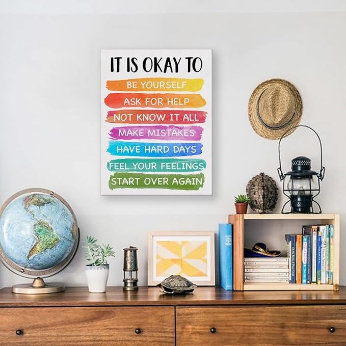 Motivational Classroom Wall Art It's Okay to Not be Okay Poster Print Canvas Wall Decor for Homeschool Playroom School 12x15 Inch Framed