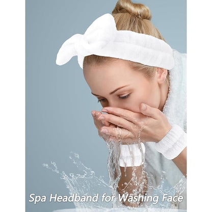 VELSCRUN Spa Headbands for Wash Face, Makeup Headband, Facial Skincare Headbands, 5 Pcs White Puffy Sponge Spa Headband Bow Tie Hair Band Hair Clips Wristband Set Women Girls Accessories