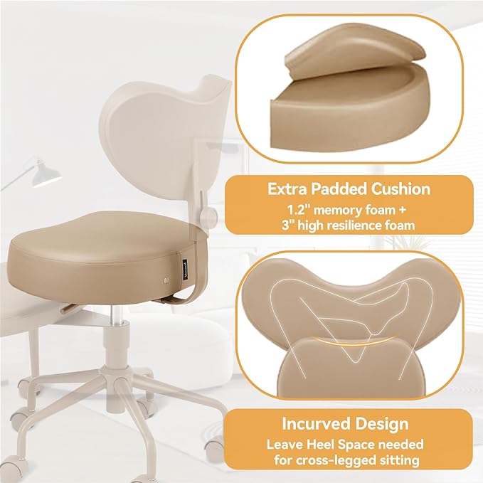Meditation Cross Legged Chair PRO, ADHD Chair with Height Adjustable Backrest, Criss Cross Desk Use with Footrest and Wheels for Home Office, Flexible Design for Fidgety Sitters, Tan
