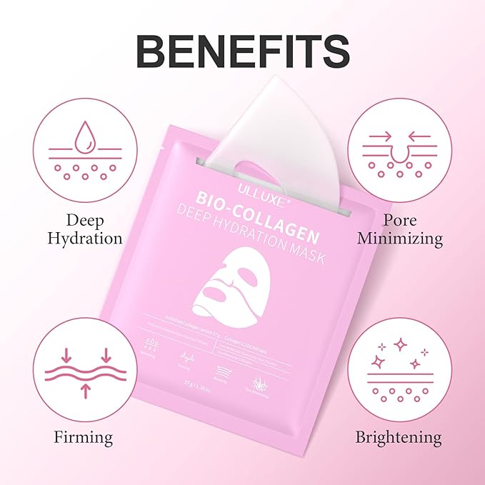 Deep Collagen Face Mask, Overnight Hydrogel Facial Mask for Glowing Hydrating Lifting Firming Anti-Aging Moisturizing & Restores Skin Barrier, Korean Skincare Masks for All Skin Types, 37g x 4ea