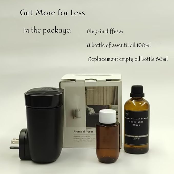 Plug-in Waterless Diffuser, Mini Home Fragrance Wall Diffuser for Large Room, Covers up to 1,000 Sq.Ft. Portable Difffuser Aromatherapy Set- Included 100ml Oil and Replacement Bottle -Black