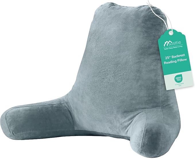 Sasttie 25-inch Reading Pillows for Sitting in Bed Adult, Jumbo Velvet Back Pillow Bed Sitting Up, XL High Back-Rest Support Cushion for Sit Up on Couch & Floor, Oeko-Tex Certified, Bluish Grey