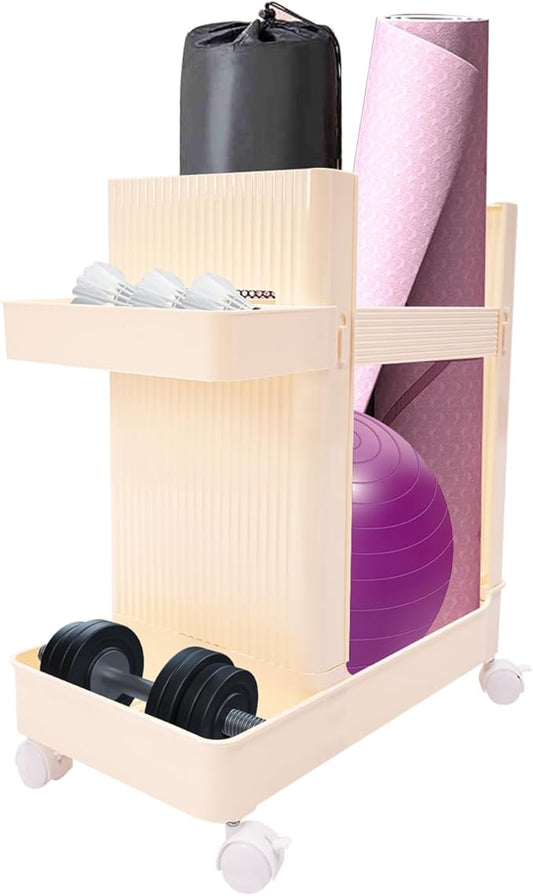 Yoga Mat Storage Rack with Wheels, Weight Cart Stand Small Gym Racks Yoga Racks, Storage Organizer Home Gym Equipment for Homes, Gyms, Schools (Creamy Yellow)