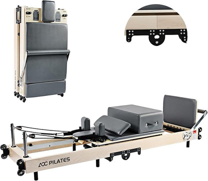 Pilates Reformer, Maple Wooden Foldable Pilates Reformer Machine with 6 Springs,Sitting Box, Padded Jump Board, 660lbs Capacity for Home Workouts Studio Yoga