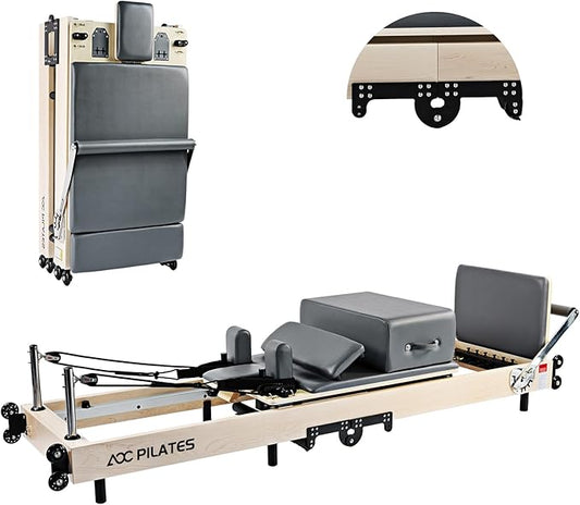 Pilates Reformer, Maple Wooden Foldable Pilates Reformer Machine with 6 Springs,Sitting Box, Padded Jump Board, 660lbs Capacity for Home Workouts Studio Yoga
