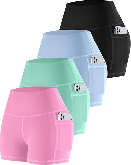 CHRLEISURE Womens Biker Yoga Shorts with Pockets: High Waisted Tummy Control Spandex Workout Athletic Gym Shorts 4 Packs