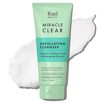 Rael Miracle Clear Face Wash – Gentle Exfoliating Cleanser with Succinic Acid & Minerals, Hydrating Formula for Daily Use, Ideal for Acne-Prone, Dry, Sensitive & Oily Skin, Vegan (5 fl oz)