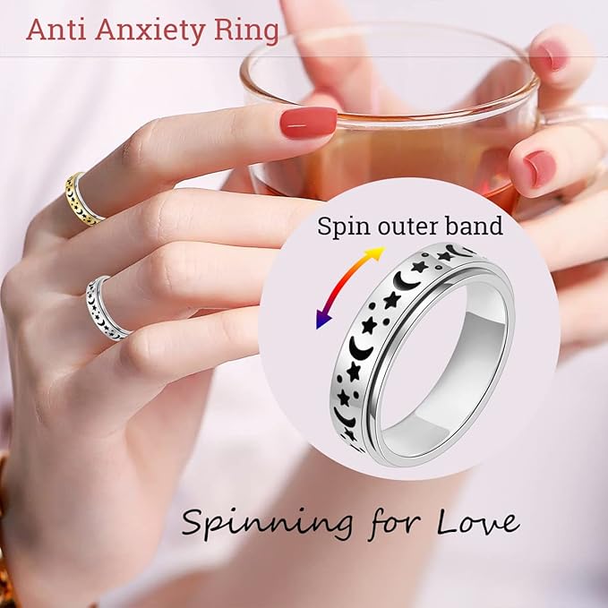 OreilleStar Anxiety Ring for Women Fidget Ring Anxiety Relief Items Spinner Rings for Anxiety Silver Moon Star Fidget Rings for Anxiety for Women Anxiety Band Ring