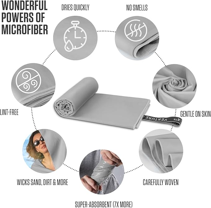 VENTURE 4TH Quick Dry Towel. Microfiber Travel Towel Ideal for Camping, Hiking, Backpacking, Gym. Lightweight & Fast Drying Travel Towels for Body. Compact & Easy to Pack - Light Gray Medium